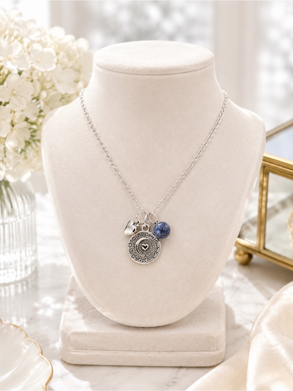 Love This Life Silver Plated Moon Charm Necklace Blue Stone Heart 16” + Ext NWT